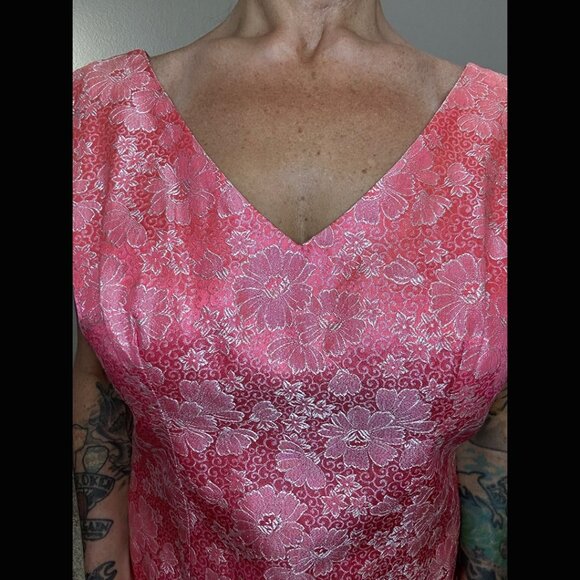 60s Pink & Silver Lurex Column Sheath Maxi Dress Mod Floral Pinup Bodycon L XL - Picture 9 of 12